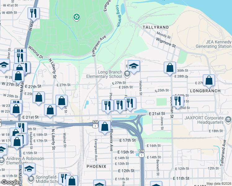 map of restaurants, bars, coffee shops, grocery stores, and more near 1129 East 24th Street in Jacksonville