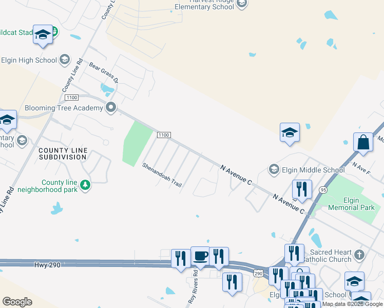 map of restaurants, bars, coffee shops, grocery stores, and more near 101 Cavalry Trail in Elgin