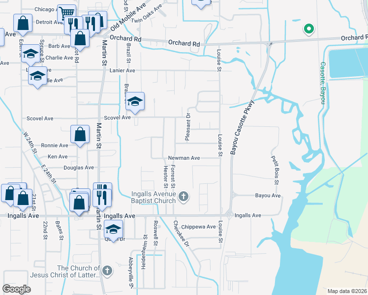 map of restaurants, bars, coffee shops, grocery stores, and more near 4508 New Hope Avenue in Pascagoula