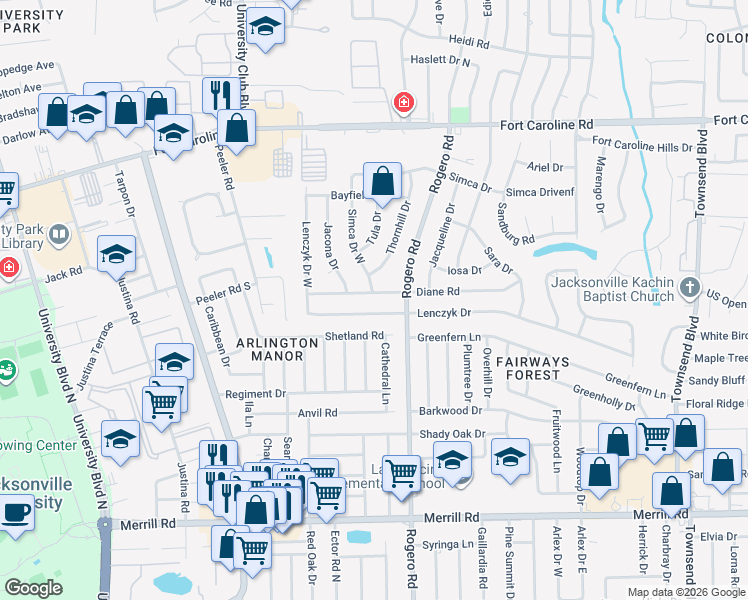 map of restaurants, bars, coffee shops, grocery stores, and more near 6400 Diane Road in Jacksonville