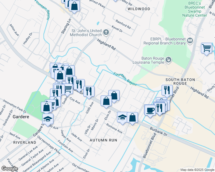 map of restaurants, bars, coffee shops, grocery stores, and more near 727 Summer Breeze Drive in Baton Rouge