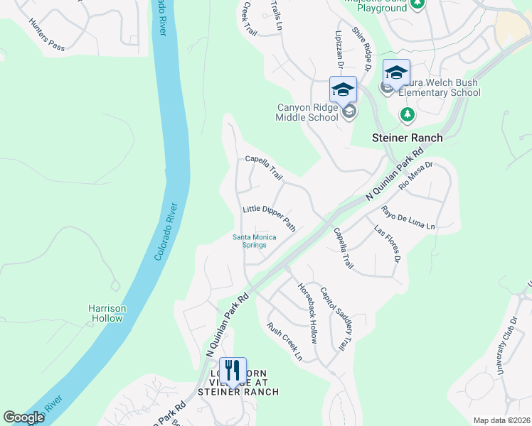 map of restaurants, bars, coffee shops, grocery stores, and more near 12901 Little Dipper Road in Austin