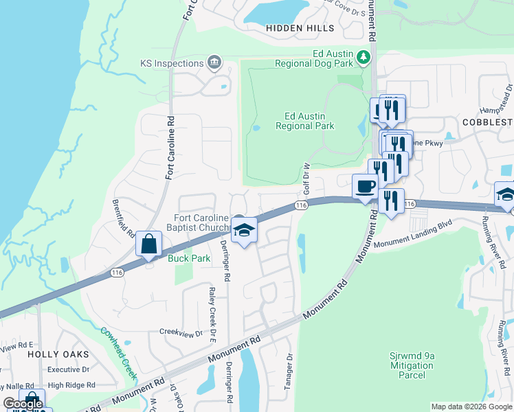map of restaurants, bars, coffee shops, grocery stores, and more near 2132 Dunes Way Drive North in Jacksonville