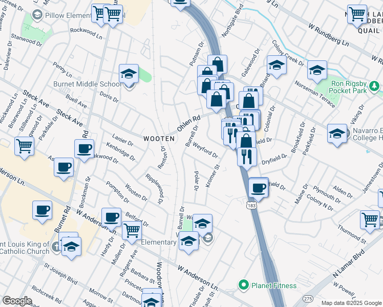 map of restaurants, bars, coffee shops, grocery stores, and more near 1520 Villanova Drive in Austin
