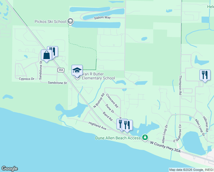 map of restaurants, bars, coffee shops, grocery stores, and more near 235 North Bishop Road in Santa Rosa Beach