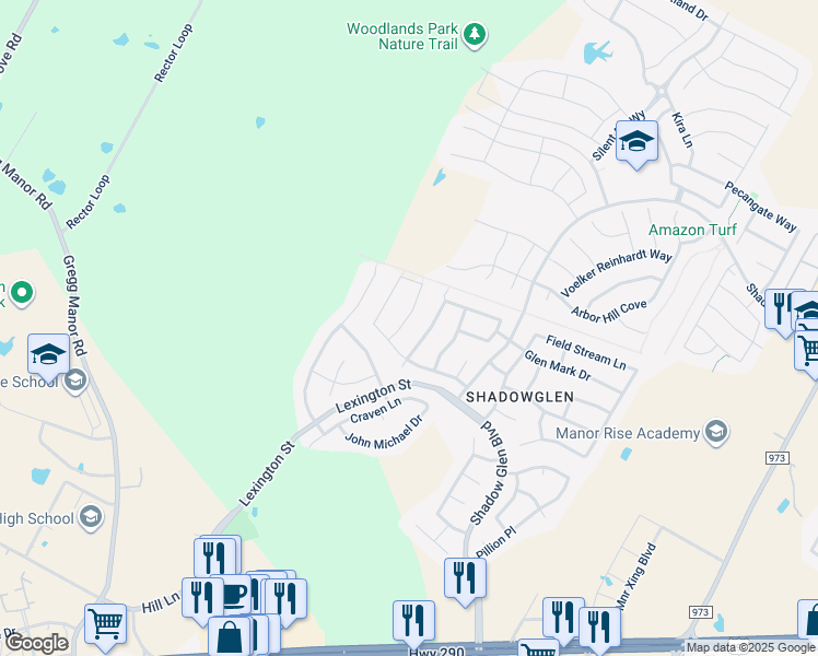 map of restaurants, bars, coffee shops, grocery stores, and more near 11517 Glen Knoll Drive in Manor