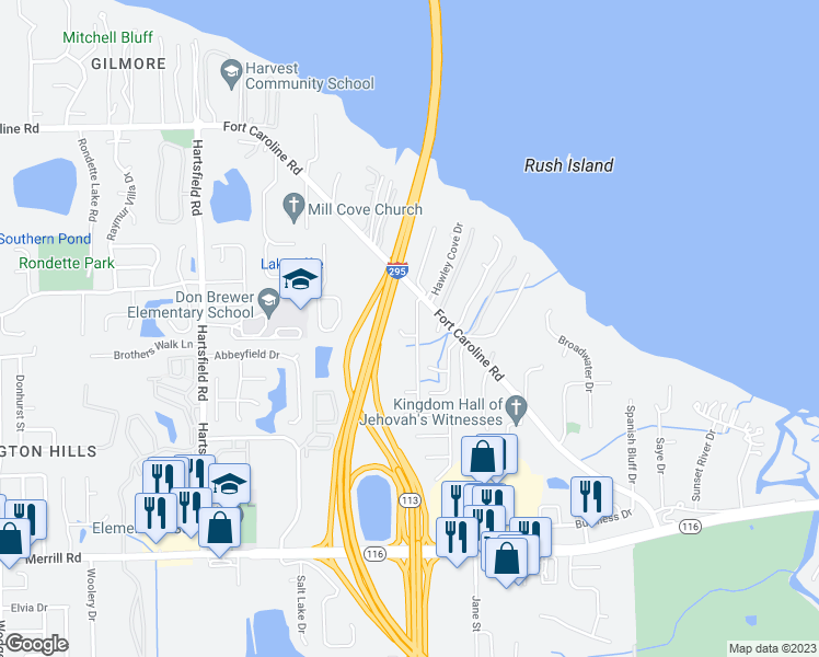 map of restaurants, bars, coffee shops, grocery stores, and more near 9127 Mount Arlington Court in Jacksonville