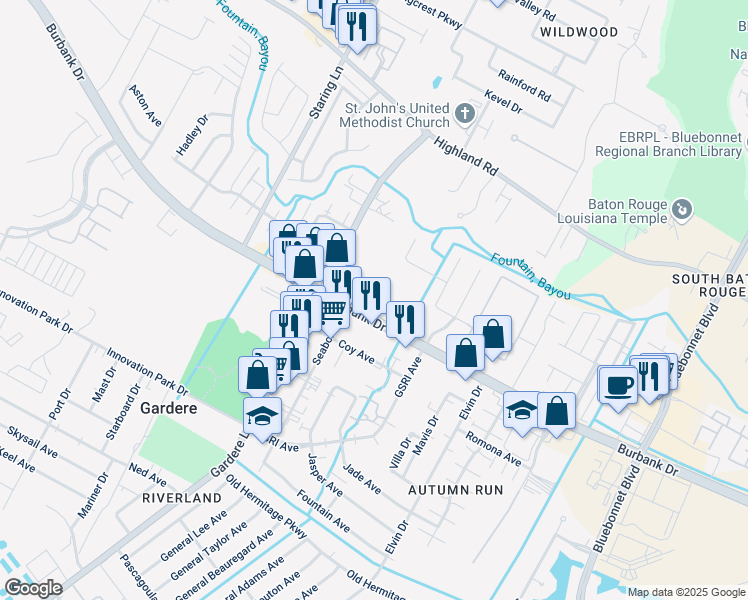 map of restaurants, bars, coffee shops, grocery stores, and more near 9429 Burbank Drive in Baton Rouge