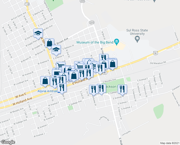 map of restaurants, bars, coffee shops, grocery stores, and more near 612 East Avenue East in Alpine