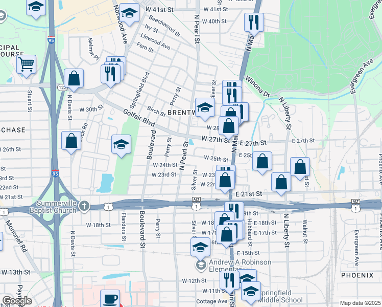 map of restaurants, bars, coffee shops, grocery stores, and more near 3504 Silver Street in Jacksonville