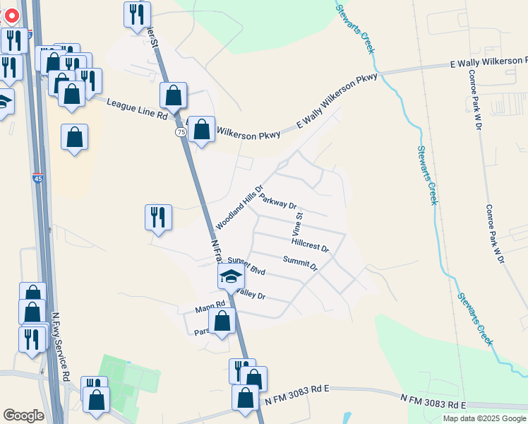 map of restaurants, bars, coffee shops, grocery stores, and more near 228 Hollywood Drive in Conroe