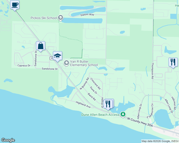 map of restaurants, bars, coffee shops, grocery stores, and more near 235 North Bishop Road in Santa Rosa Beach