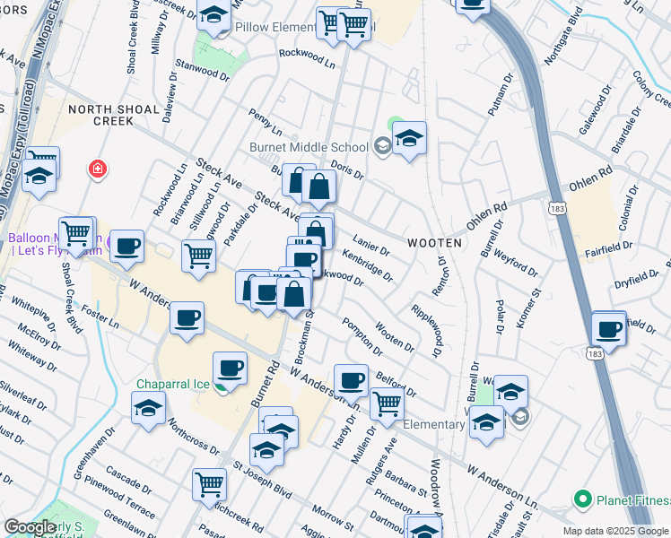 map of restaurants, bars, coffee shops, grocery stores, and more near 8109 Exmoor Drive in Austin