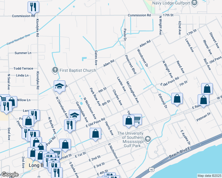 map of restaurants, bars, coffee shops, grocery stores, and more near 308 Charles Avenue in Long Beach