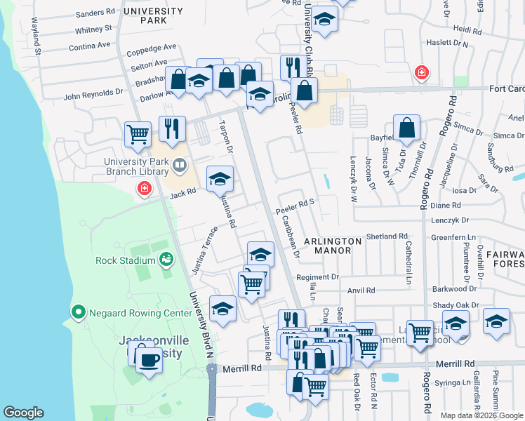 map of restaurants, bars, coffee shops, grocery stores, and more near 5838 Pompano Drive in Jacksonville