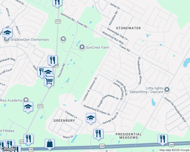 map of restaurants, bars, coffee shops, grocery stores, and more near 14004 Lyndon B Johnson Street in Manor