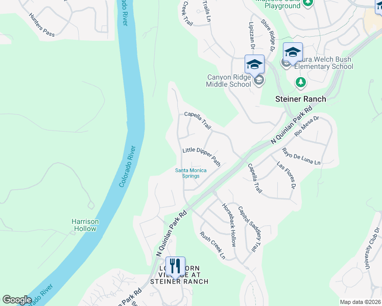 map of restaurants, bars, coffee shops, grocery stores, and more near 12901 Little Dipper Road in Austin