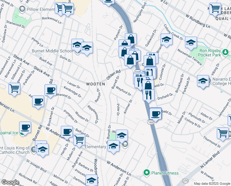 map of restaurants, bars, coffee shops, grocery stores, and more near 1520 Villanova Drive in Austin