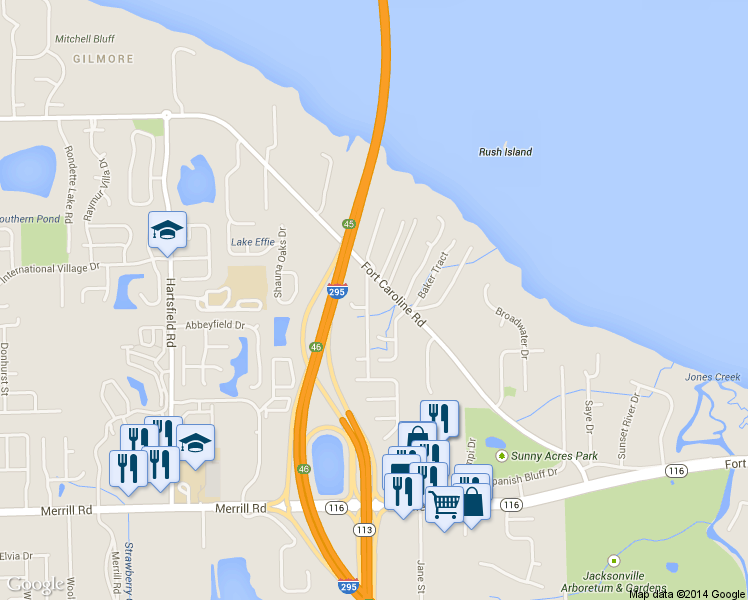 map of restaurants, bars, coffee shops, grocery stores, and more near 3621 Gilmore Heights Road North in Jacksonville