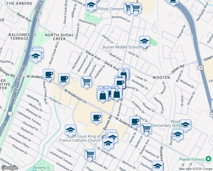 map of restaurants, bars, coffee shops, grocery stores, and more near 2450 Ashdale Drive in Austin