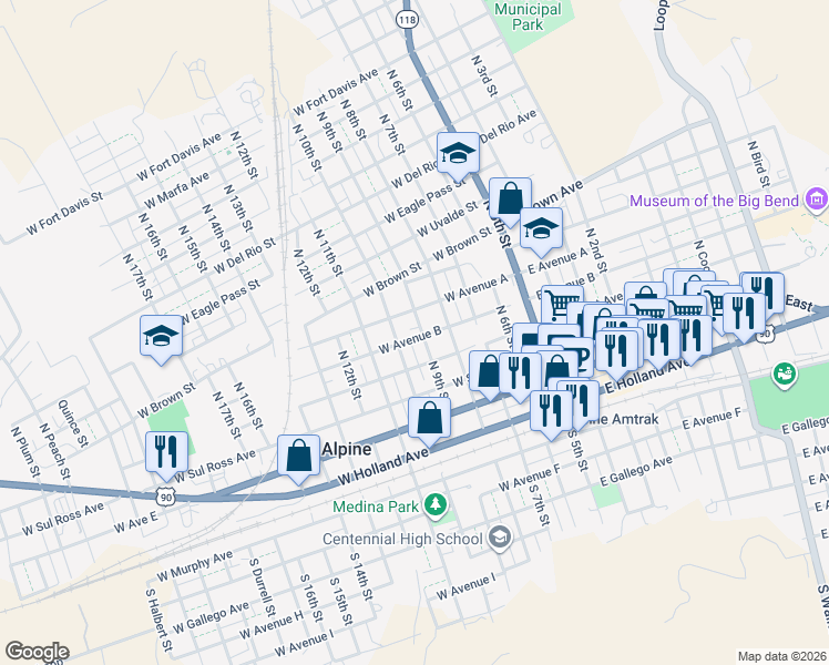 map of restaurants, bars, coffee shops, grocery stores, and more near 401-499 West Avenue B in Alpine