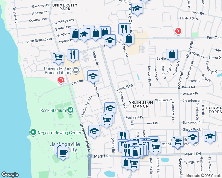 map of restaurants, bars, coffee shops, grocery stores, and more near 5838 Pompano Drive in Jacksonville