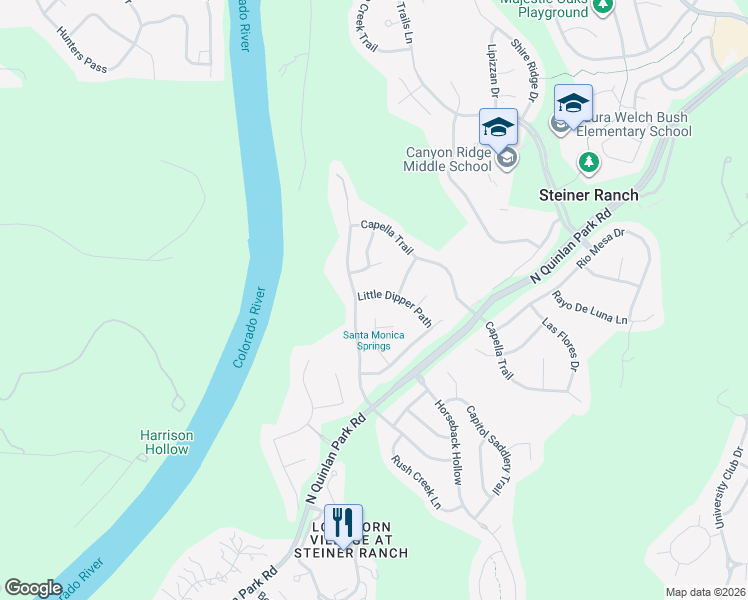 map of restaurants, bars, coffee shops, grocery stores, and more near 12901 Little Dipper Road in Austin