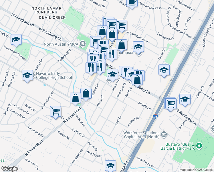 map of restaurants, bars, coffee shops, grocery stores, and more near 405 Cooper Drive in Austin