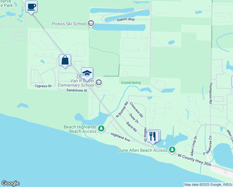 map of restaurants, bars, coffee shops, grocery stores, and more near 165 Sunrise Circle in Santa Rosa Beach