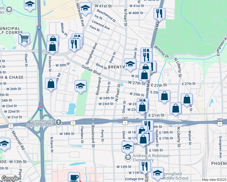 map of restaurants, bars, coffee shops, grocery stores, and more near 325 West 25th Street in Jacksonville