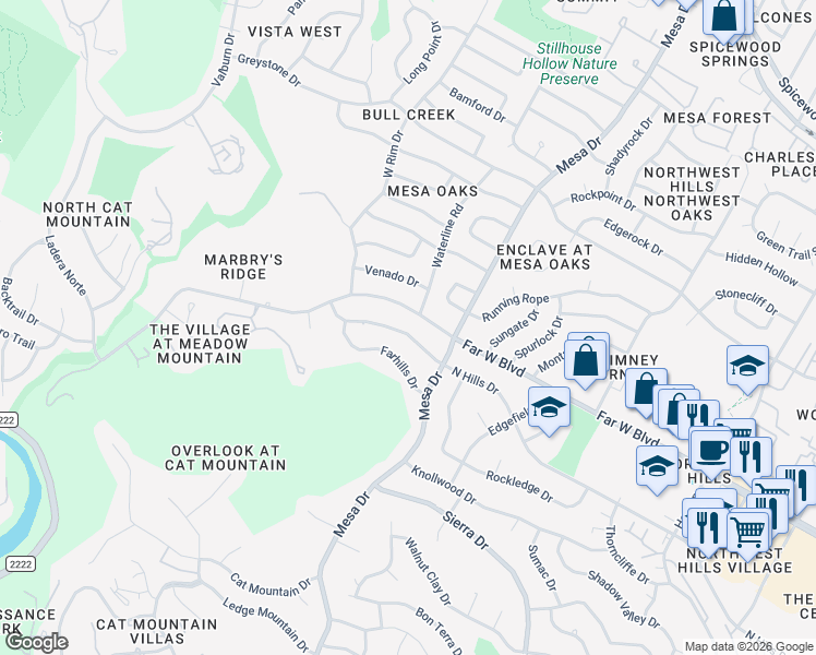 map of restaurants, bars, coffee shops, grocery stores, and more near 4200 North Hills Drive in Austin