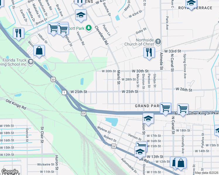 map of restaurants, bars, coffee shops, grocery stores, and more near 3523 Dawson Street in Jacksonville