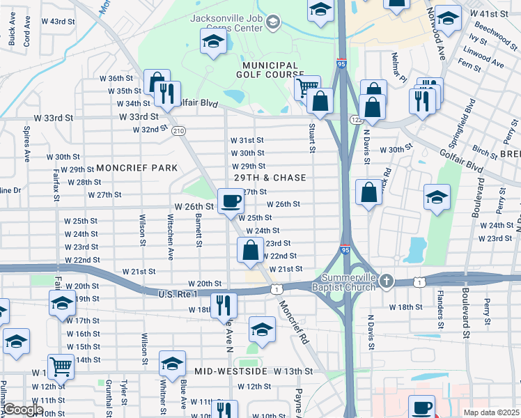map of restaurants, bars, coffee shops, grocery stores, and more near 1218 West 26th Street in Jacksonville
