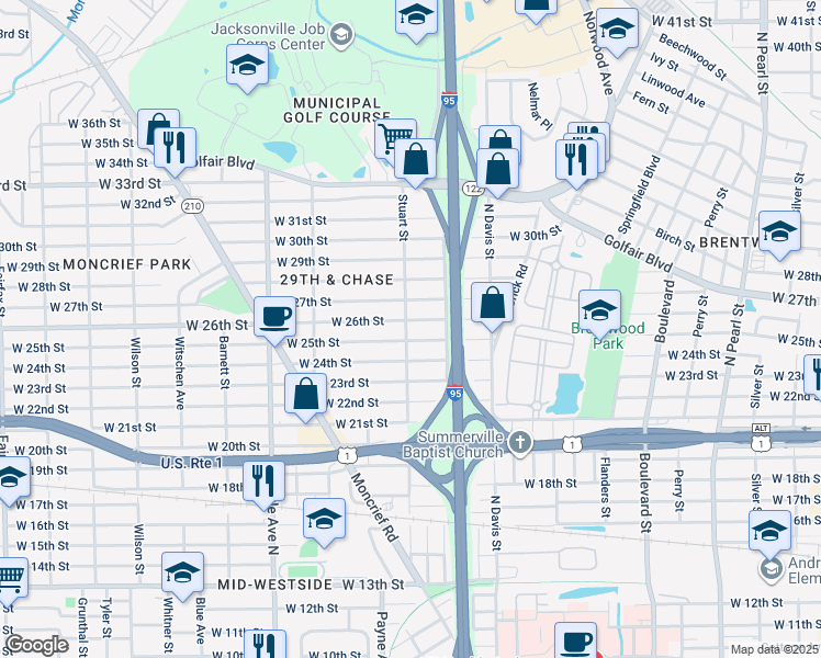 map of restaurants, bars, coffee shops, grocery stores, and more near 3517 Stuart Street in Jacksonville