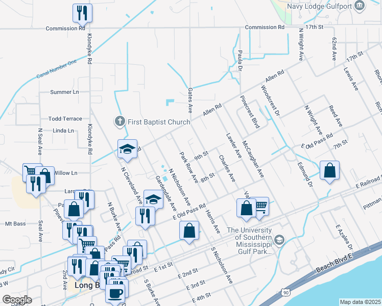 map of restaurants, bars, coffee shops, grocery stores, and more near 327 Ferguson Avenue in Long Beach