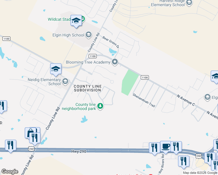 map of restaurants, bars, coffee shops, grocery stores, and more near 810 Lavaca Loop in Elgin