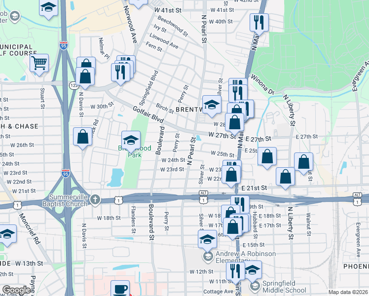 map of restaurants, bars, coffee shops, grocery stores, and more near 325 West 25th Street in Jacksonville