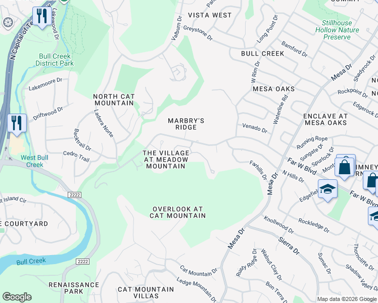 map of restaurants, bars, coffee shops, grocery stores, and more near 4403 Canyonside Trail in Austin