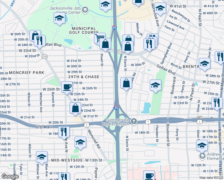 map of restaurants, bars, coffee shops, grocery stores, and more near 3516 North Lee Street in Jacksonville