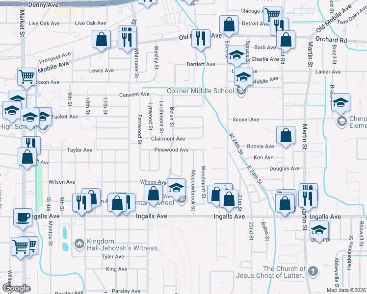 map of restaurants, bars, coffee shops, grocery stores, and more near 2703 Pinewood Avenue in Pascagoula
