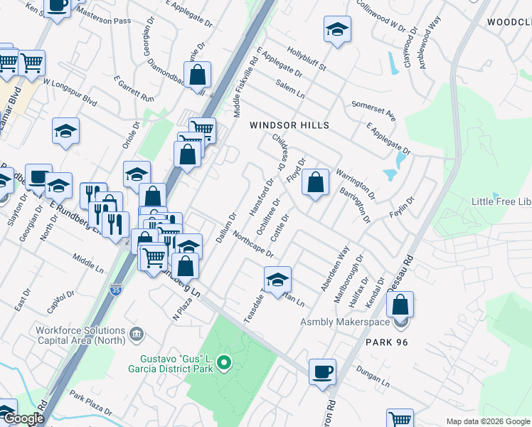 map of restaurants, bars, coffee shops, grocery stores, and more near 9800 Ochiltree Drive in Austin