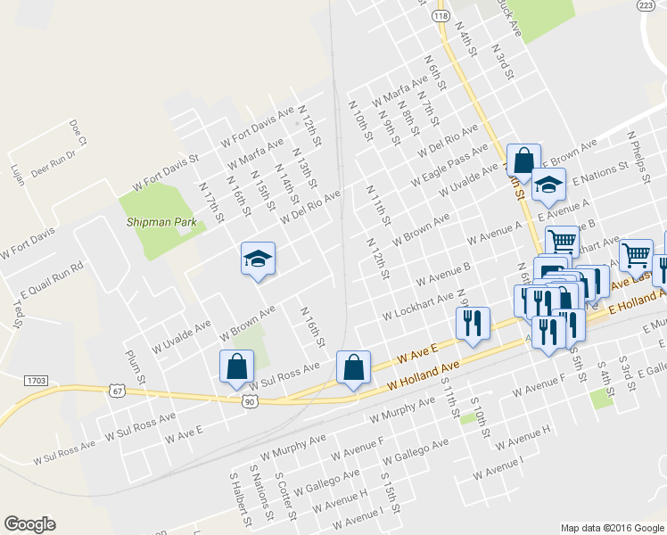 map of restaurants, bars, coffee shops, grocery stores, and more near 907 W Brown St in Alpine