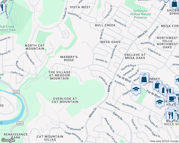map of restaurants, bars, coffee shops, grocery stores, and more near 4307 Farhills Drive in Austin