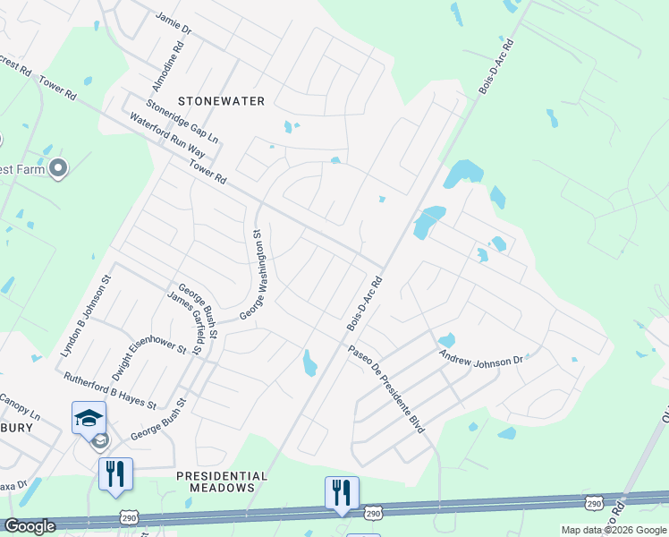 map of restaurants, bars, coffee shops, grocery stores, and more near 13829 Inaugural Street in Manor