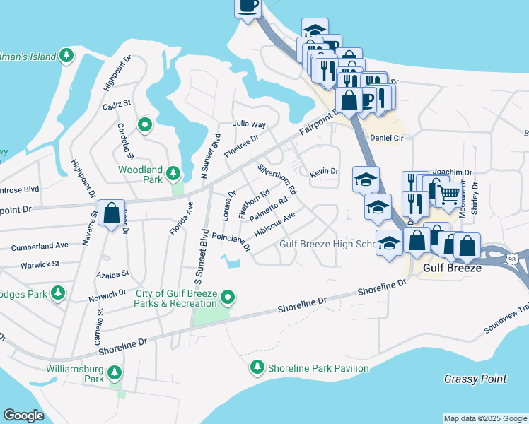 map of restaurants, bars, coffee shops, grocery stores, and more near 200 Palmetto Road in Gulf Breeze