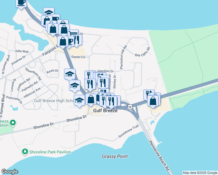 map of restaurants, bars, coffee shops, grocery stores, and more near 106 McClure Drive in Gulf Breeze