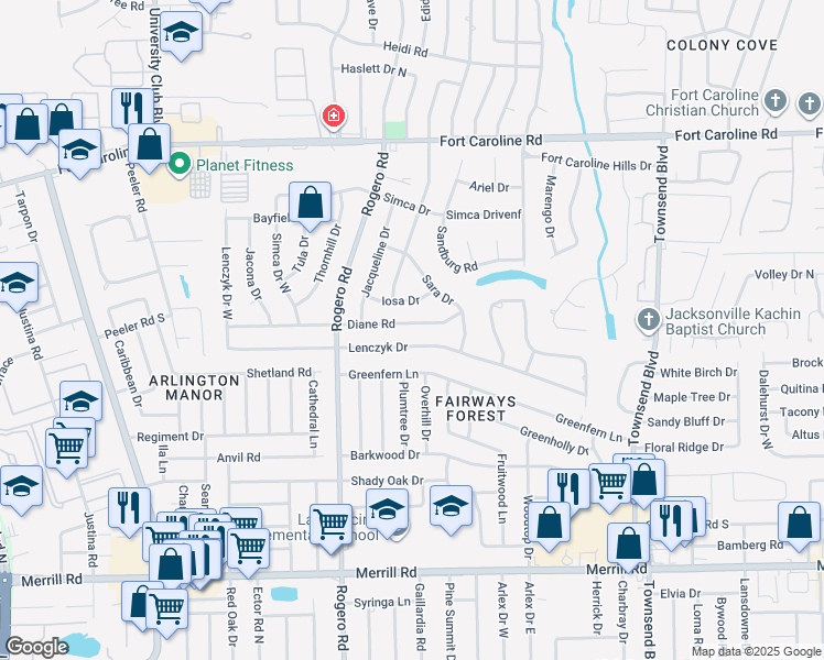 map of restaurants, bars, coffee shops, grocery stores, and more near 6700 Diane Road in Jacksonville