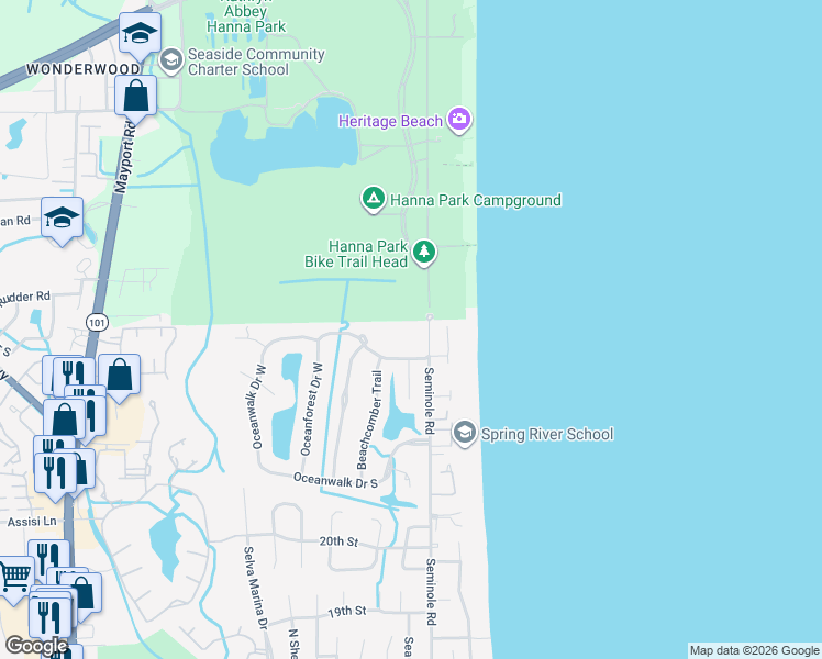 map of restaurants, bars, coffee shops, grocery stores, and more near 2434 Seminole Road in Atlantic Beach