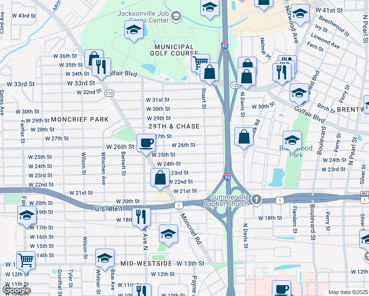 map of restaurants, bars, coffee shops, grocery stores, and more near 1138 West 26th Street in Jacksonville