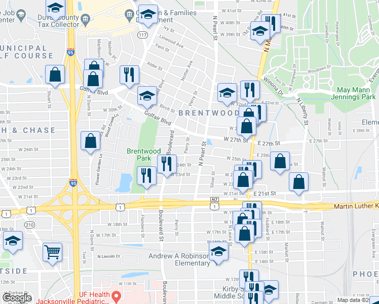 map of restaurants, bars, coffee shops, grocery stores, and more near 325 West 25th Street in Jacksonville